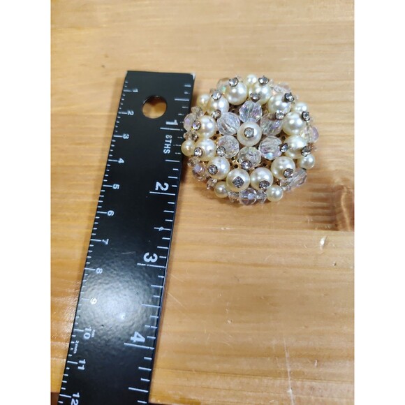 Vtg Weiss Signed Faux Pearl Aurora Borealis Crystal Cluster 1.5" Pin Brooch - Picture 4 of 4